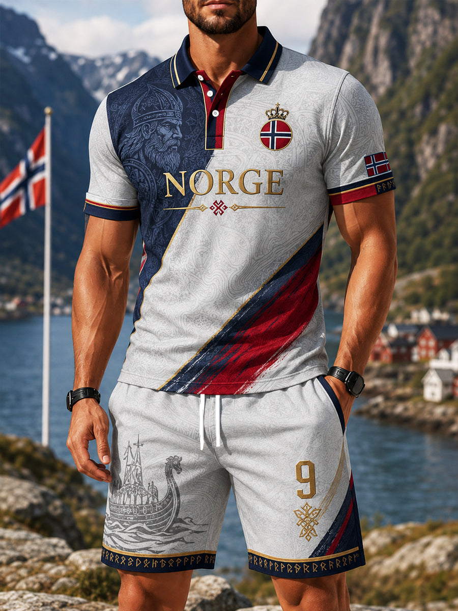 Herren Retro Norwegian Viking Warrior lässig Polo Shorts Set