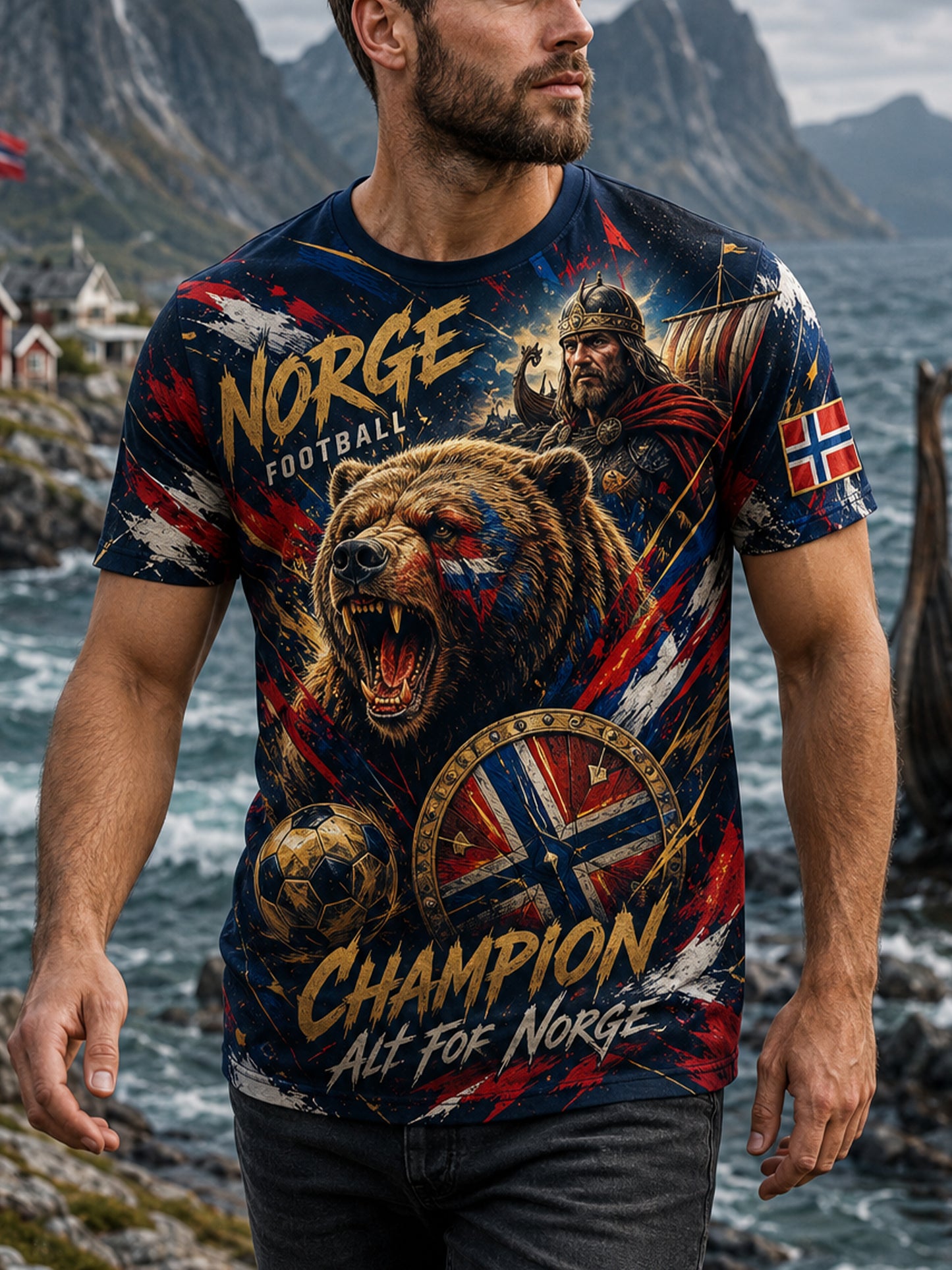 Herren-T-Shirt mit norwegischem Wikinger-Motiv im patriotisch-kulturellen Stil und Kunstdruck