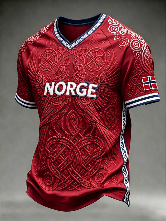 Herren Retro Norwegisches Wikinger-Muster Bedrucktes T-Shirt mit V-Ausschnitt