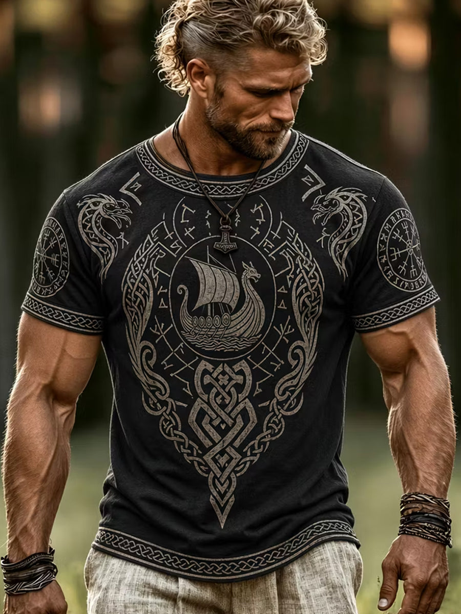 Retro-Viking‑Kunstdruck im nordischen Stil – lässiges T‑Shirt