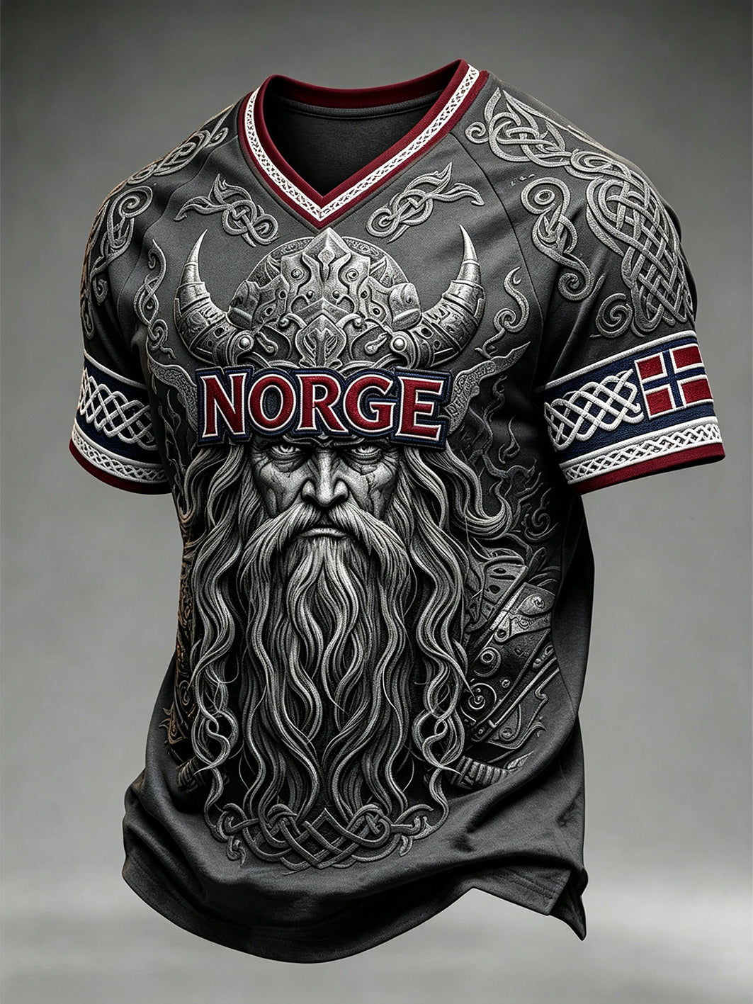Herren-Retro-T-Shirt mit norwegischem Wikinger-Muster und V-Ausschnitt