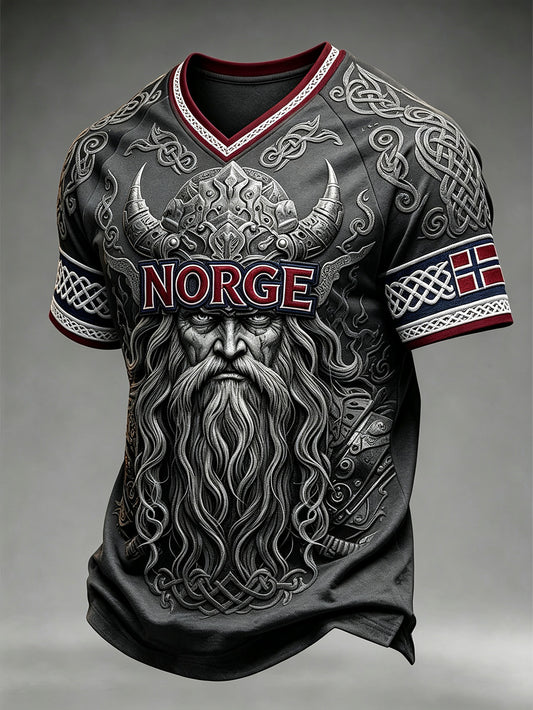 Herren-Retro-T-Shirt mit norwegischem Wikinger-Muster und V-Ausschnitt