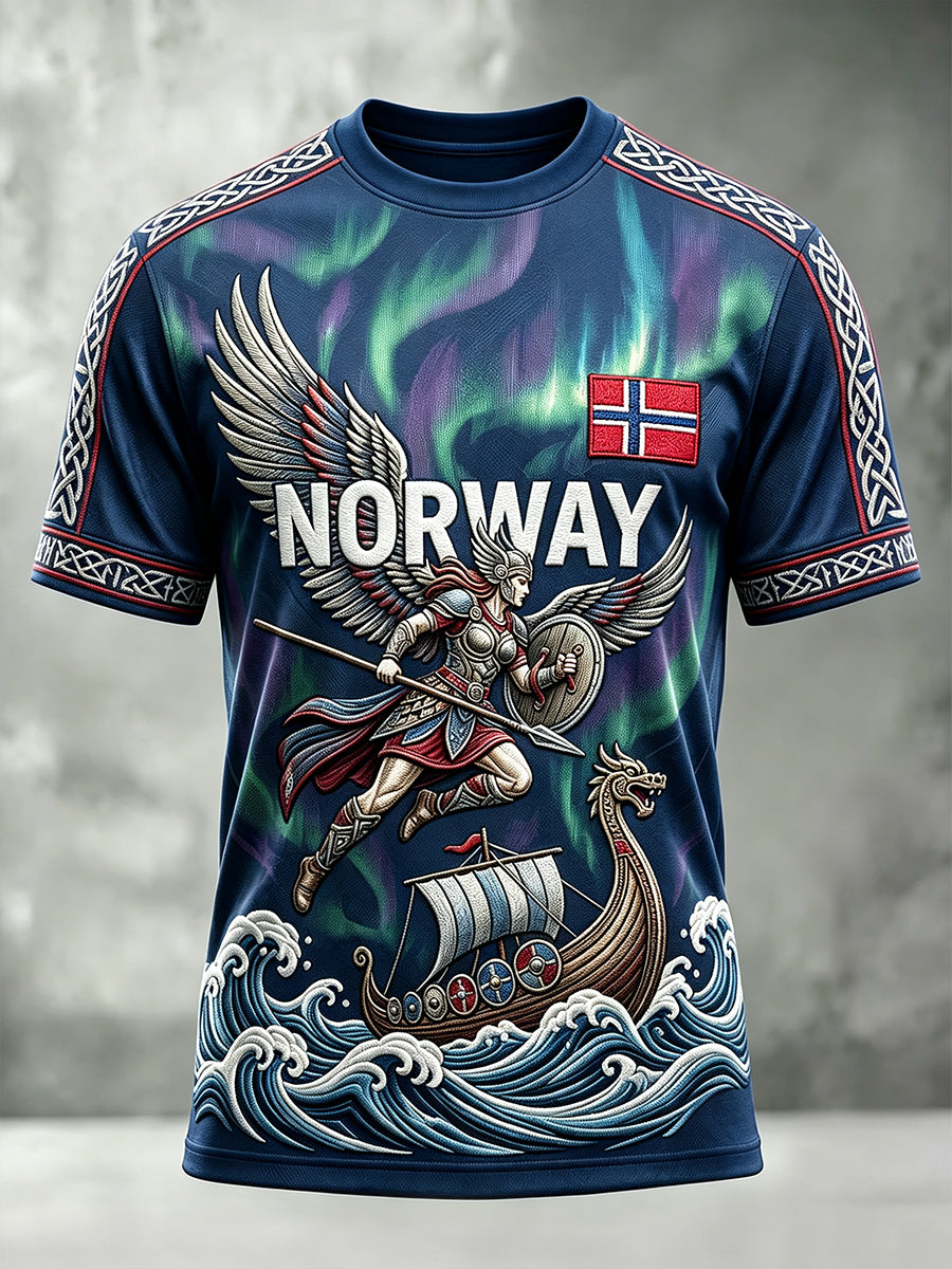 Herren Norwegen Wikinger inspirierte Muster Aurora Print T-Shirt mit kurzen Ärmeln