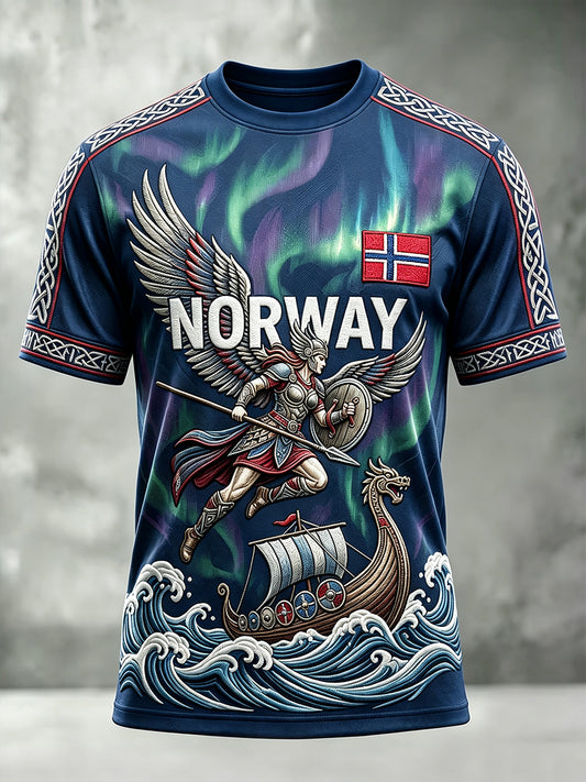 Herren Norwegen Wikinger inspirierte Muster Aurora Print T-Shirt mit kurzen Ärmeln