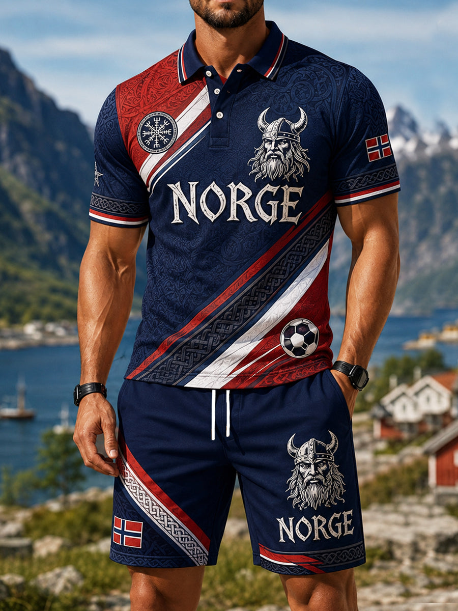 Retro Norwegian Viking Warrior-Themed-Polo-Shirt und Shorts Set