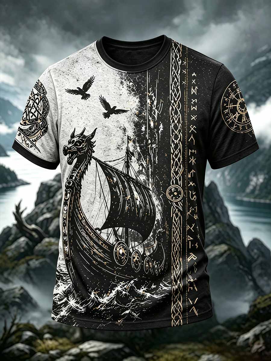 Herren-Lässiges T-Shirt im Vintage-Stil mit Drachen­schiff-Motiv der Wikinger