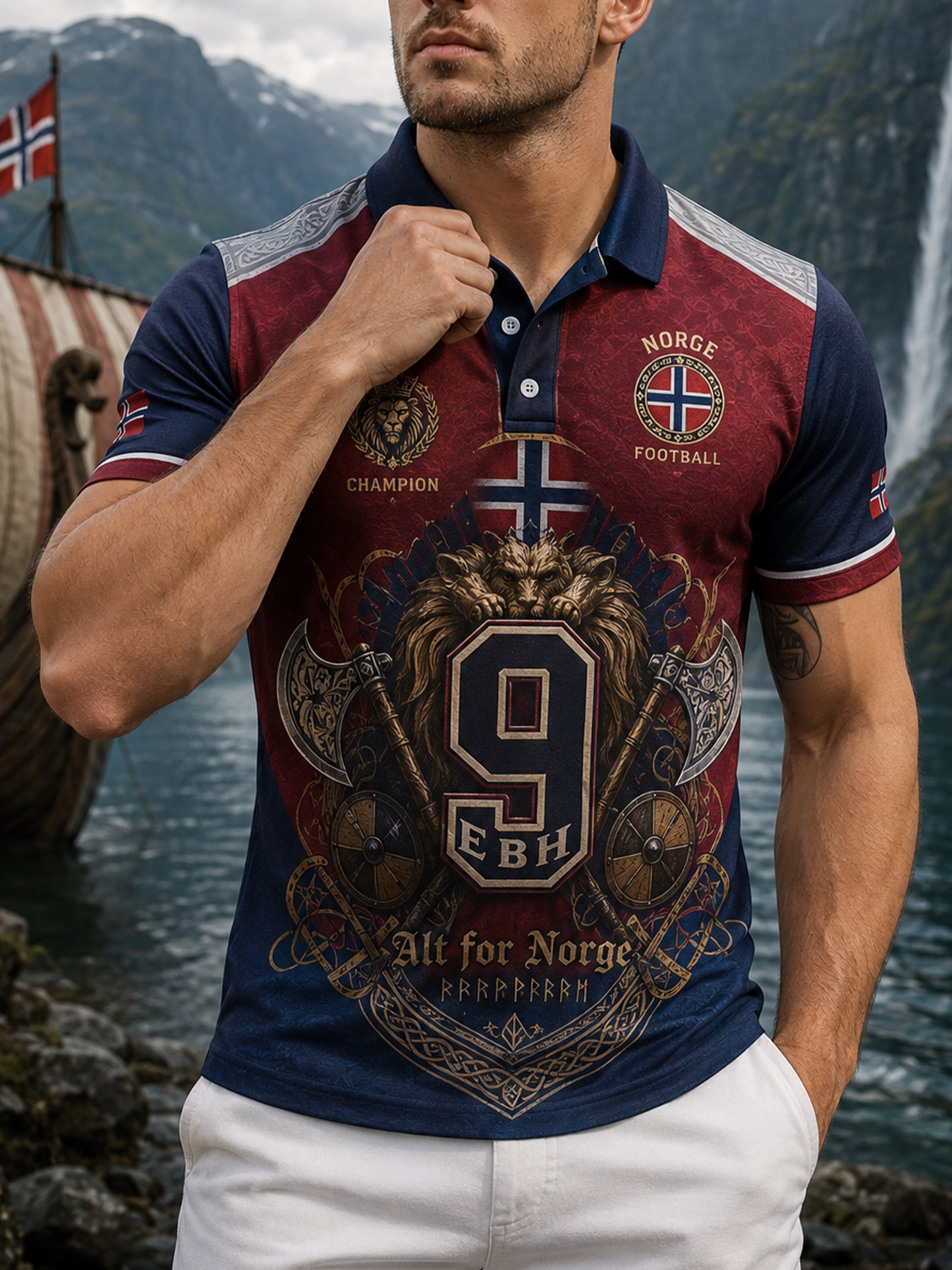 Herren-Poloshirt mit norwegischem Wikinger-Motiv im patriotisch-kulturellen Stil und Kunstdruck
