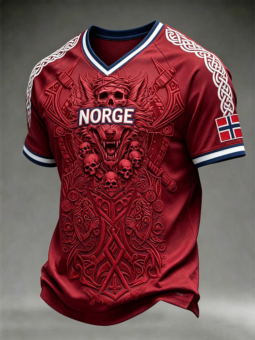 Herren-Retro-T-Shirt mit norwegischem Wikinger-Muster und V-Ausschnitt
