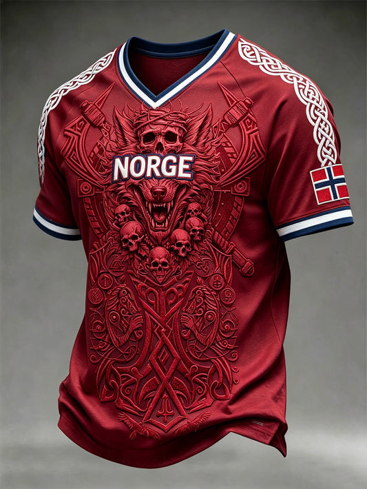 Herren-Retro-T-Shirt mit norwegischem Wikinger-Muster und V-Ausschnitt
