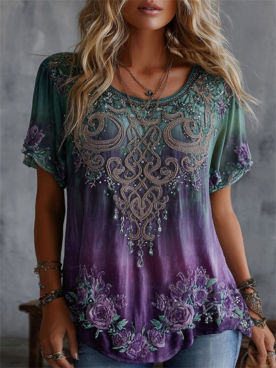 Damen-Kurzarm-T-Shirt aus Leinen mit rohigem Viking-Keltischer Knoten mit lila Blumen-Gradienten druck
