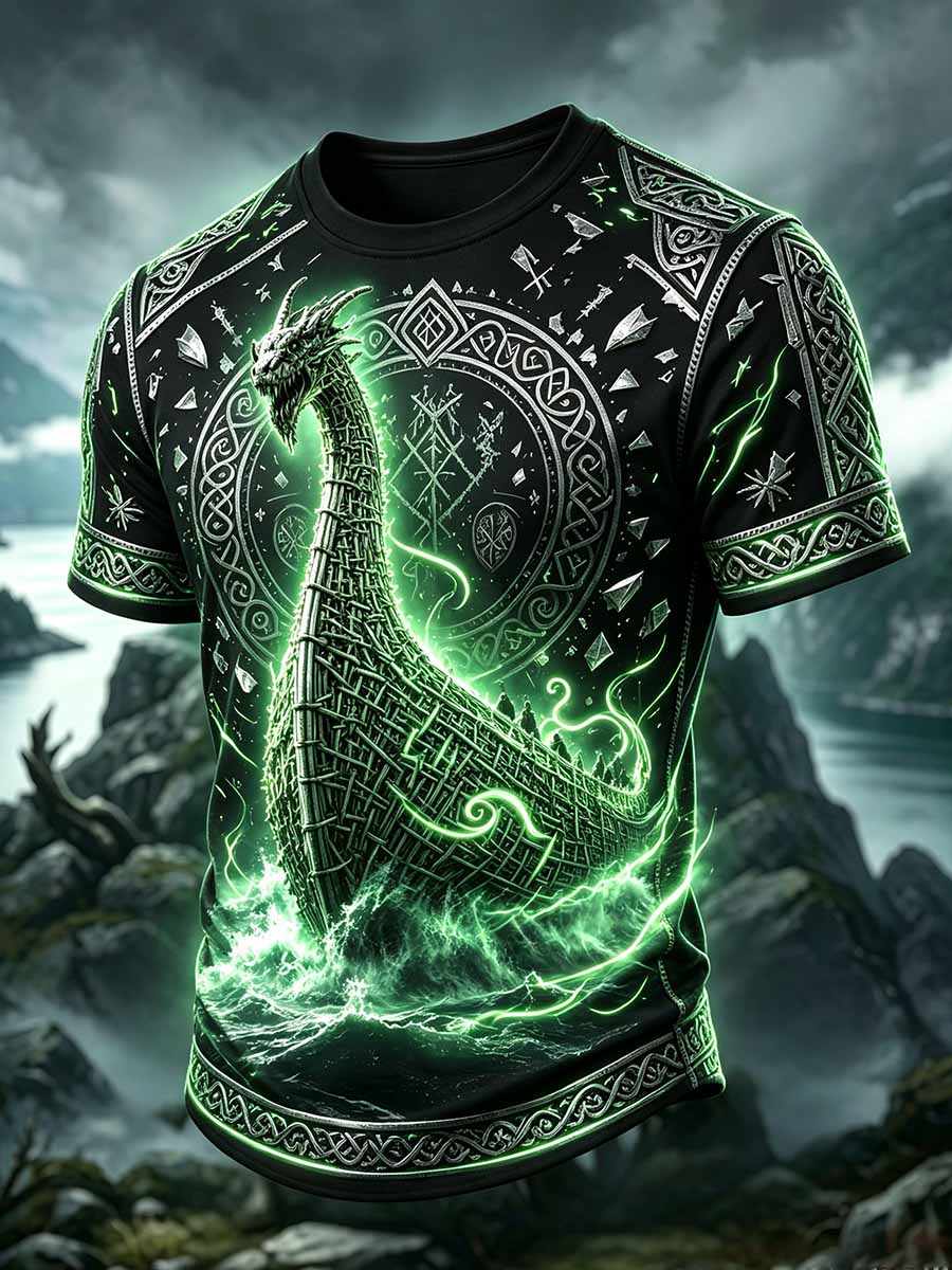 Herren-Lässiges T-Shirt im Vintage-Stil mit Drachen­schiff-Motiv der Wikinger