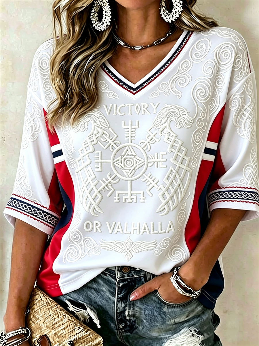 Frauen Norwegen Sieg oder Wal halla Celtic Knoten Flagge Patchwork Print Mittellange Ärmel V-Ausschnitt T-Shirt