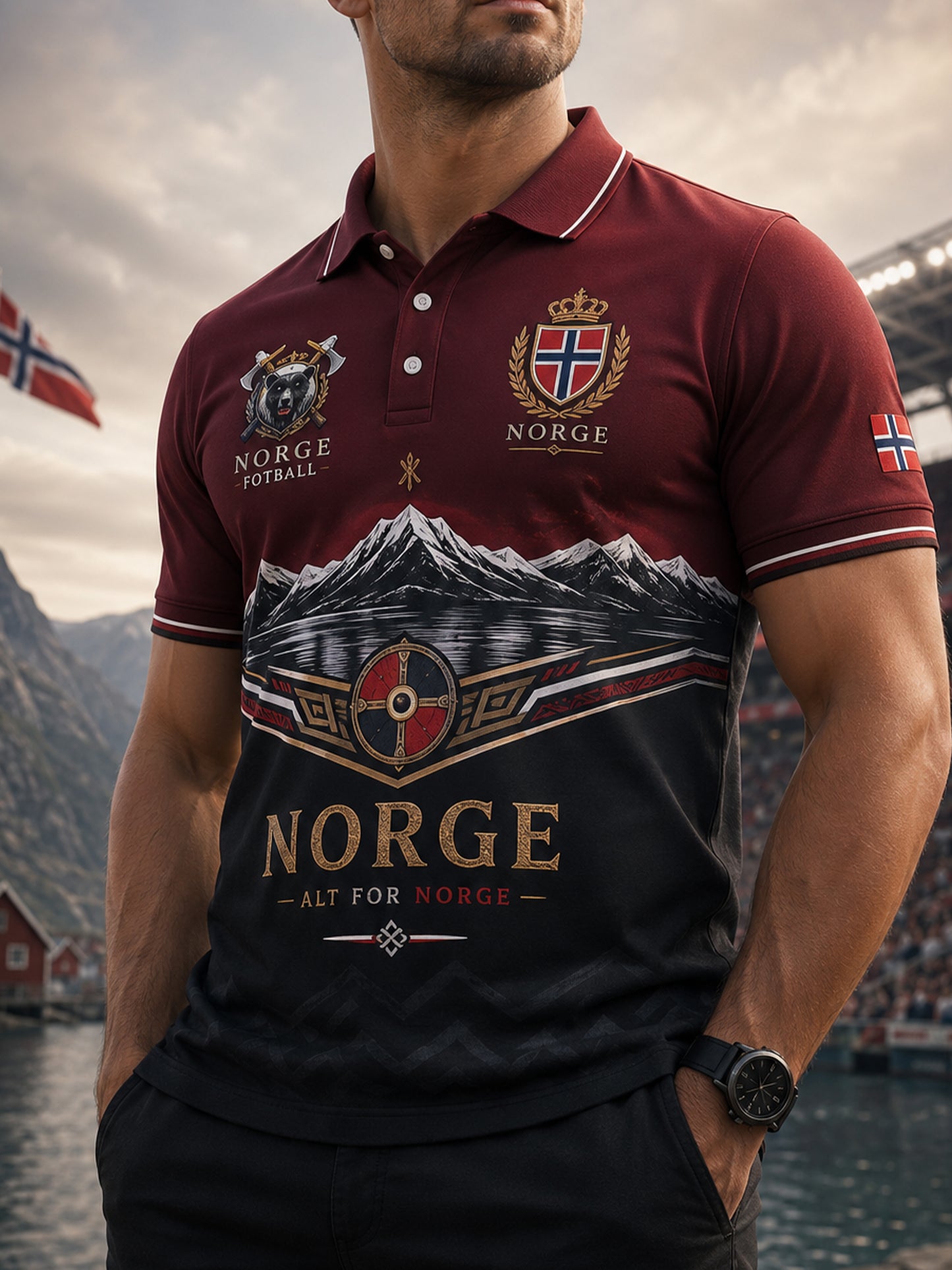 Herren-Poloshirt mit norwegischem Wikinger-Motiv im patriotisch-kulturellen Stil und Kunstdruck