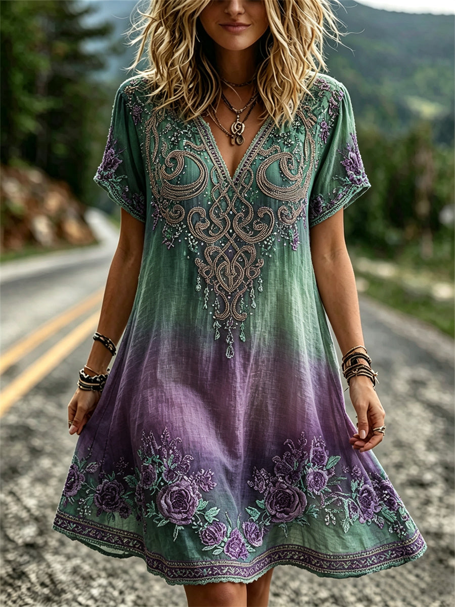 Damen Edles lila, florales, keltisches Kleid mit rohem Knoten