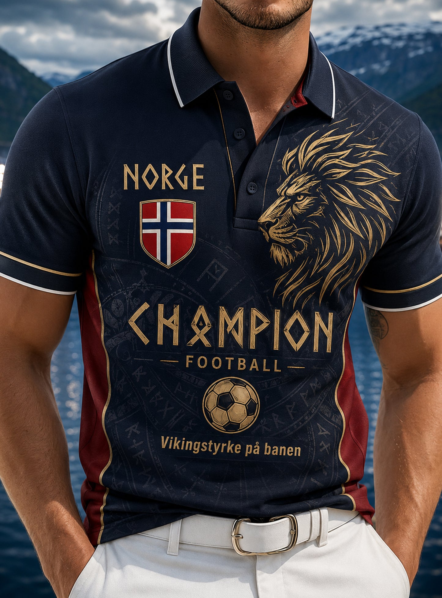 Herren-Poloshirt mit norwegischem, von Wikingern inspiriertem Kunstdruck
