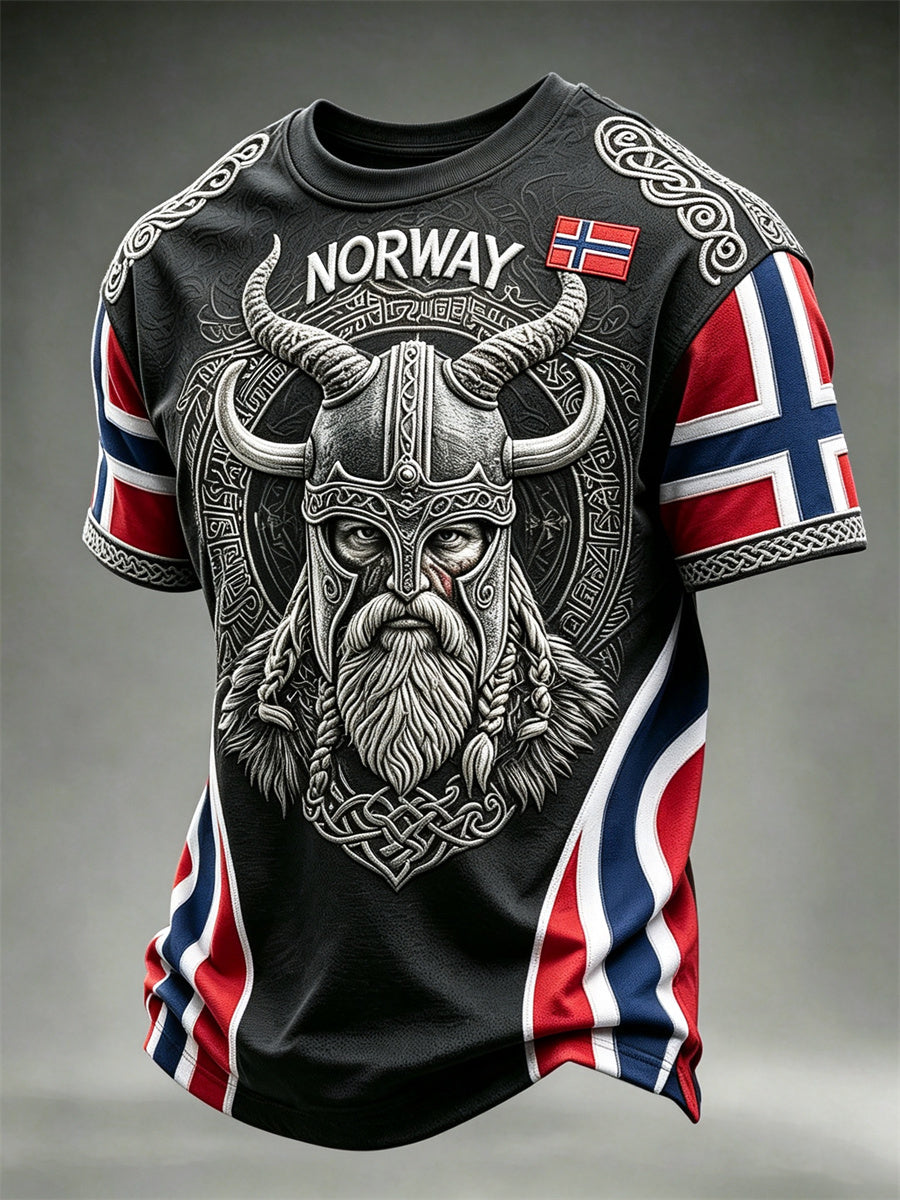 Herren-T-Shirt mit Norwegen-Vikinger-Krieger-Keltischen-Knoten-Flaggenmuster und kurzen Ärmeln