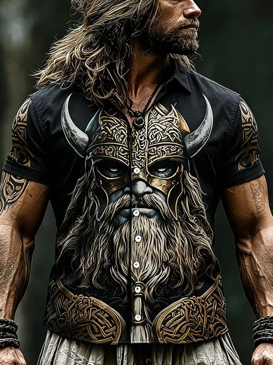 Retro-Viking-/Nordischer‑Stil-Kunstdruck-Lässiges Hemd