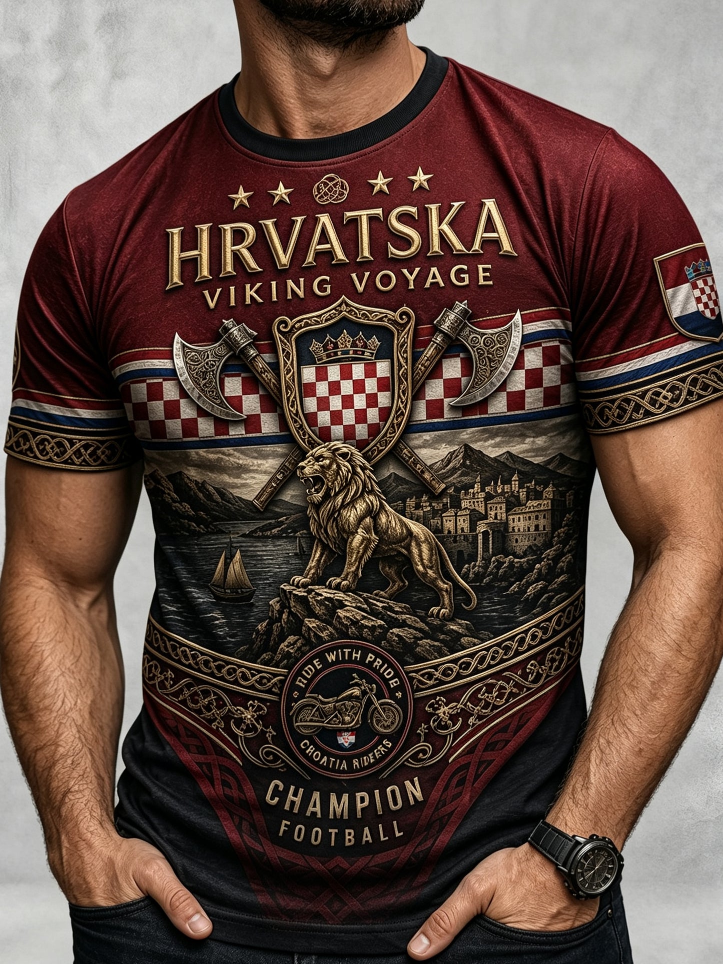 Kroatisches Piraten-Themen-Kunstdruck-T-Shirt für Männer