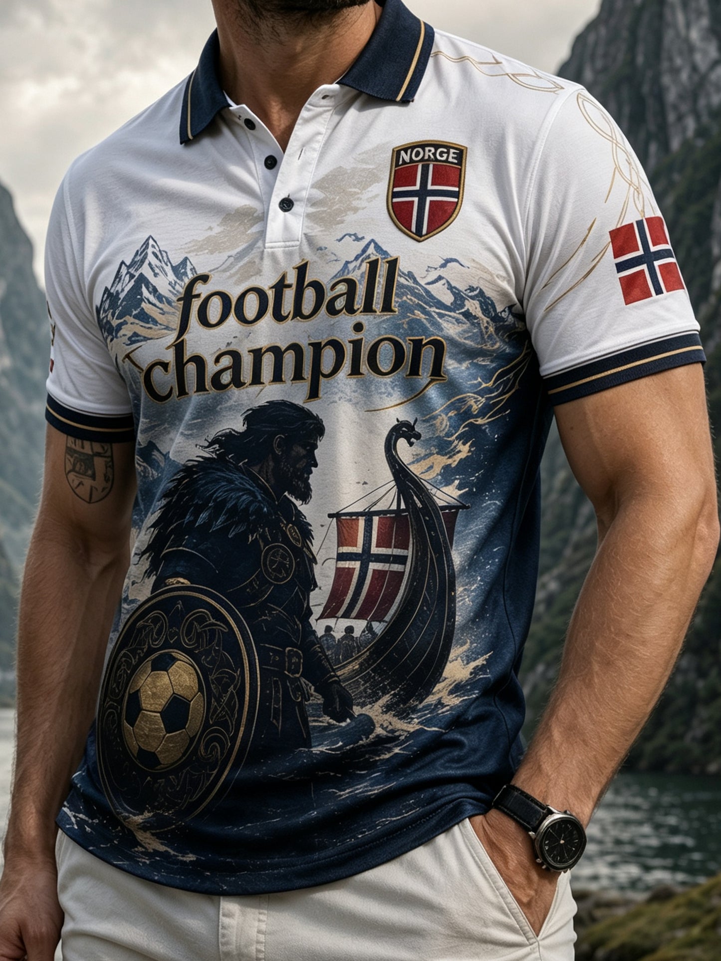 Herren-Poloshirt mit norwegischem Wikinger-Motiv im patriotisch-kulturellen Stil und Kunstdruck