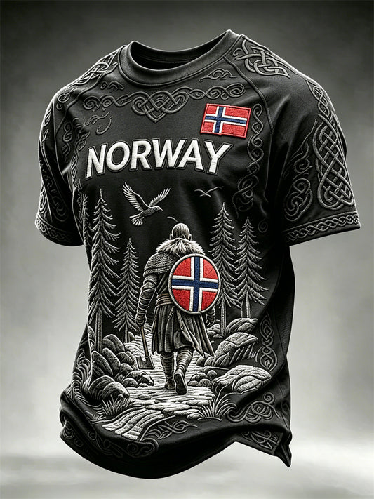 Herren Norwegen Wikinger Krieger Dunkler Wald Keltische Knoten Flagge Druck kurze Ärmel T-Shirt