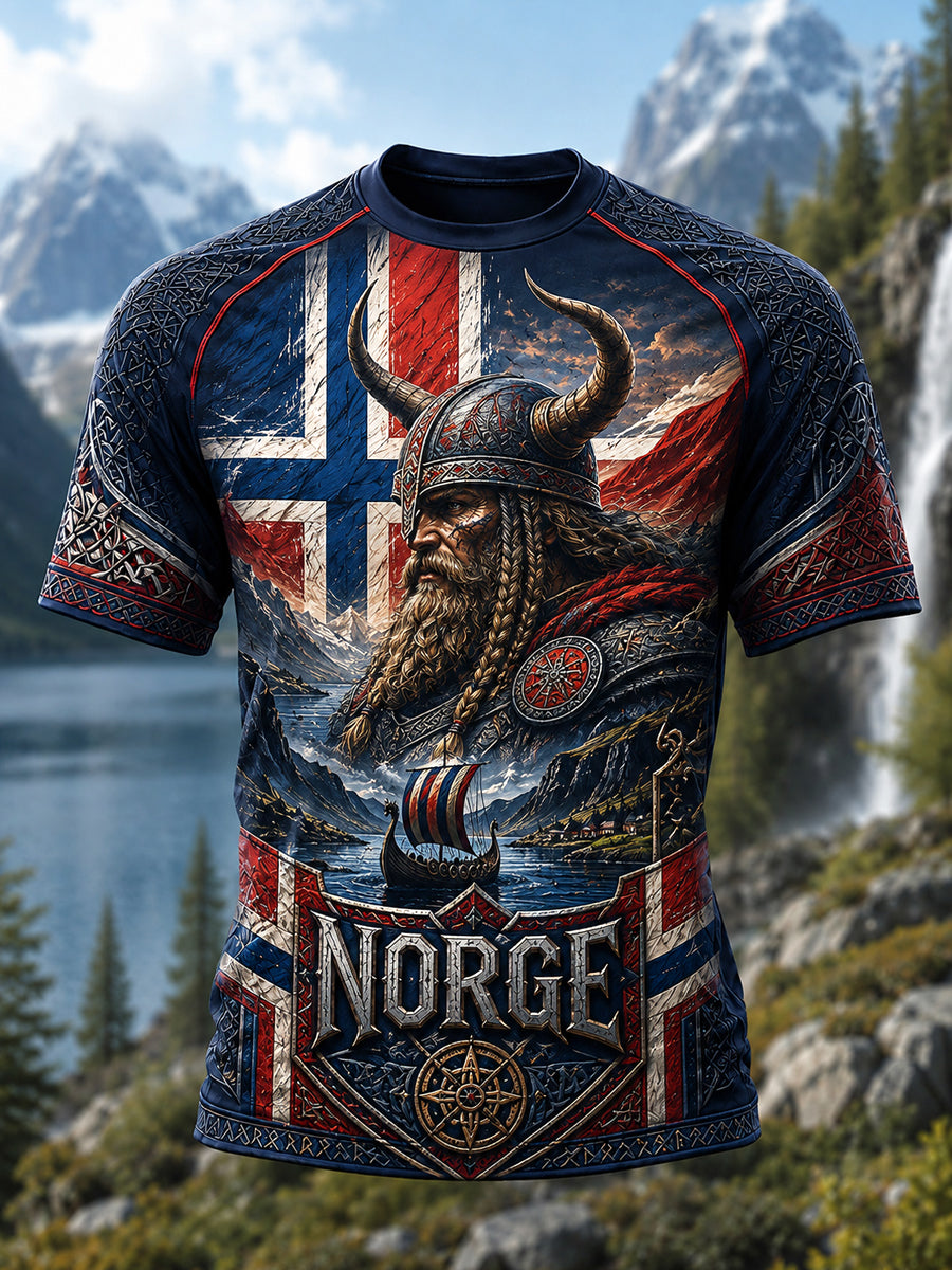Retro norwegischer Wikinger Krieger Patchwork lässig T-Shirt