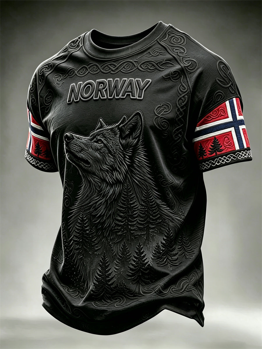 Herren Norwegen Viking Wolf Dunkler Wald Keltische Knoten Flagge Druck kurze Ärmel T-Shirt