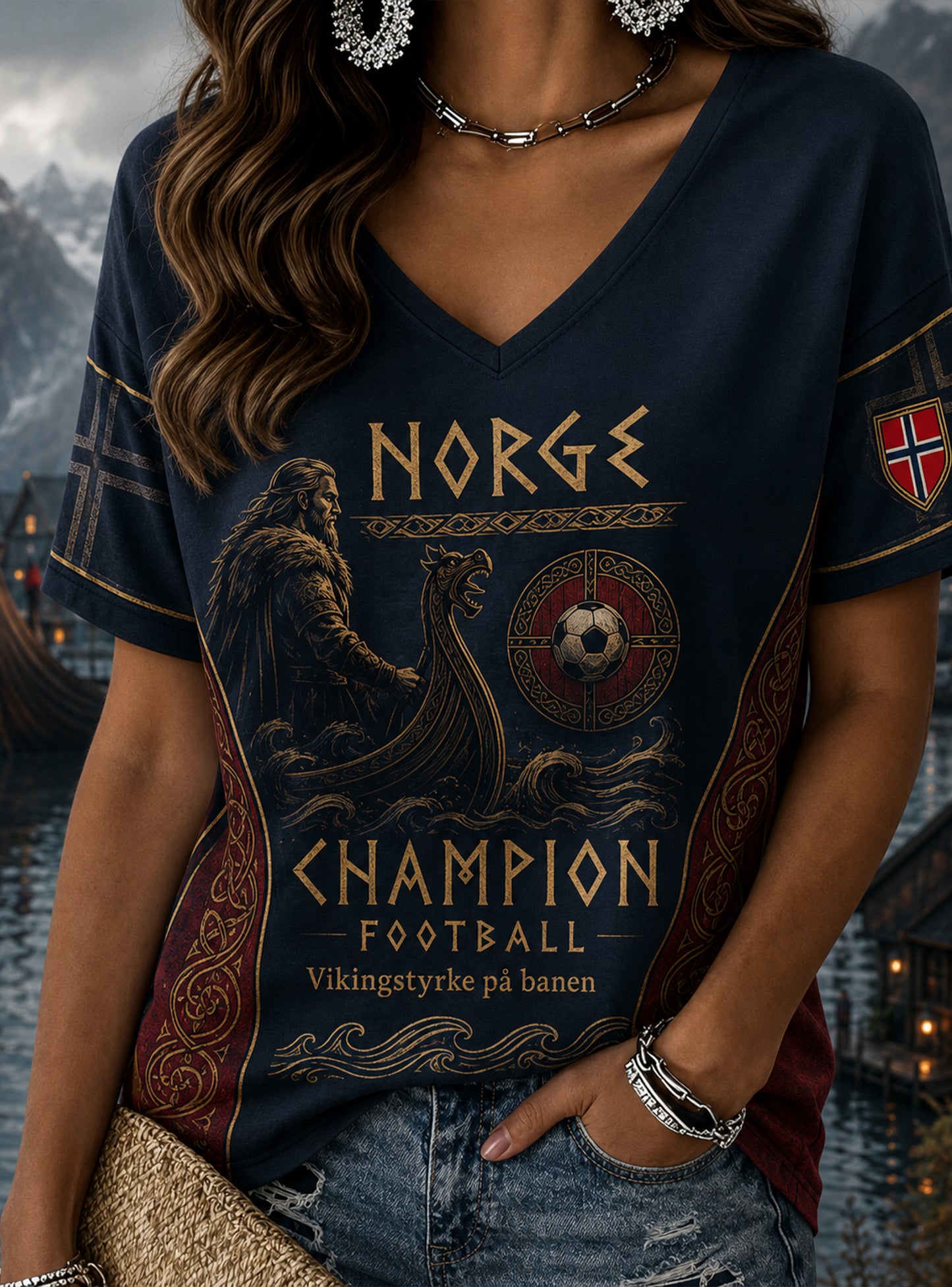 Frauen norwegisches Wikinger-Themen-Kunstdruck T-Shirt