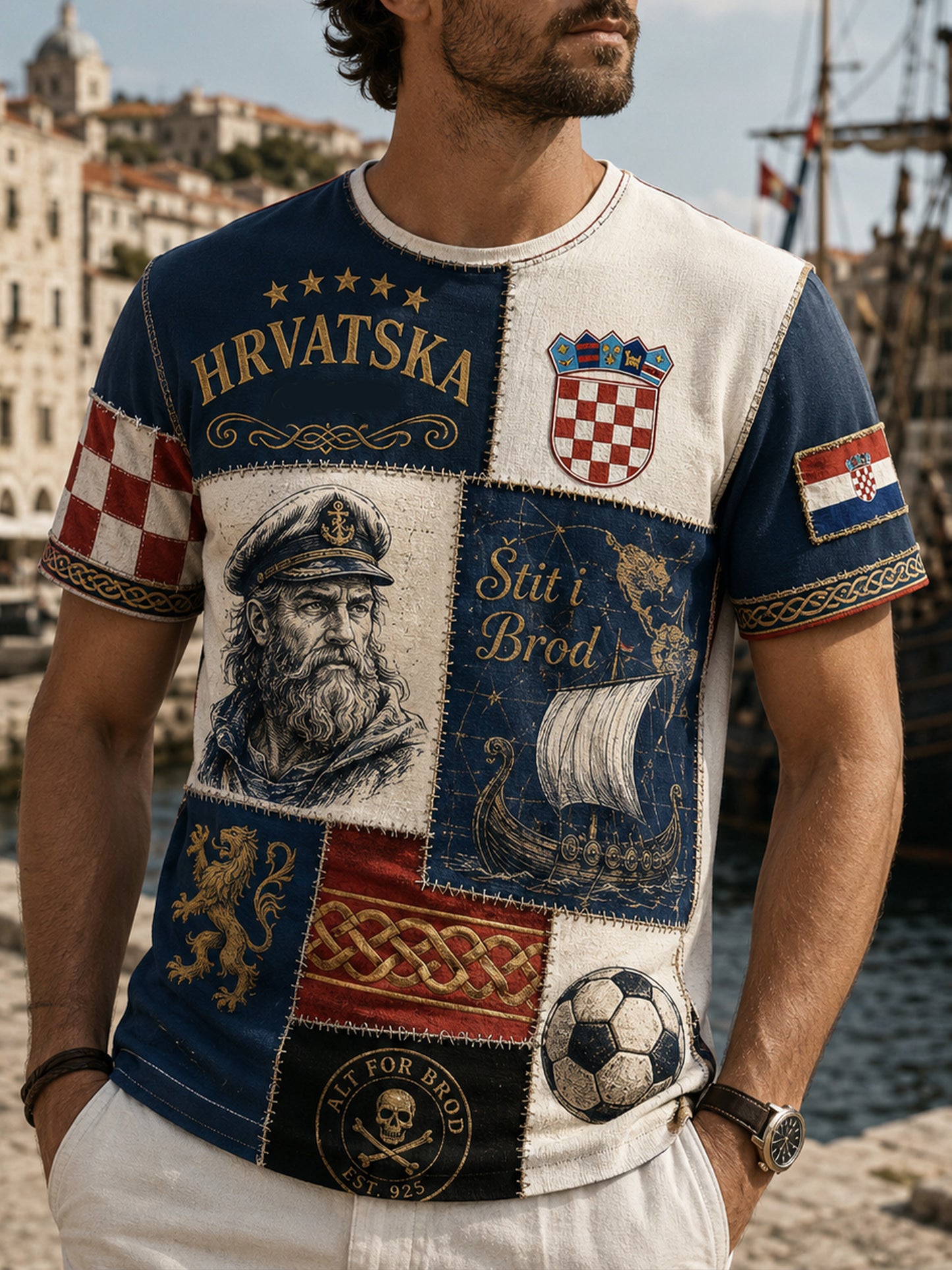 Herren-T-Shirt mit kroatisch-piratenhaftem Kunstdruck