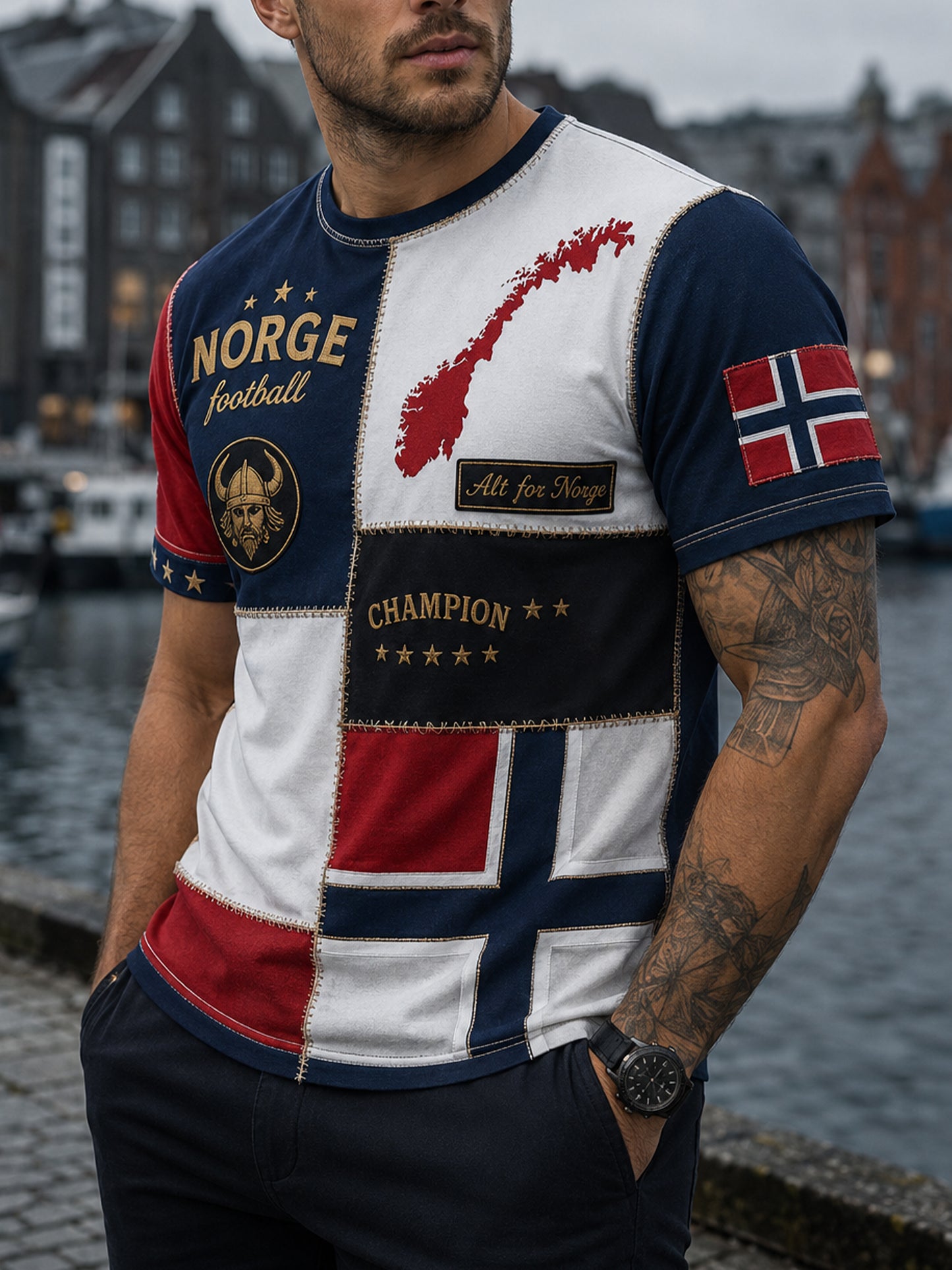 Herren-T-Shirt mit norwegischem Wikinger-Motiv im patriotisch-kulturellen Stil und Kunstdruck