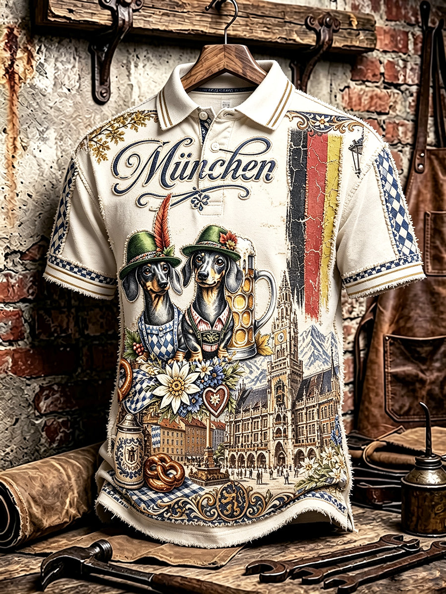 Herren-Poloshirt im Münchner Oktoberfest-Stil mit Hunde-Print, lässig geschnitten