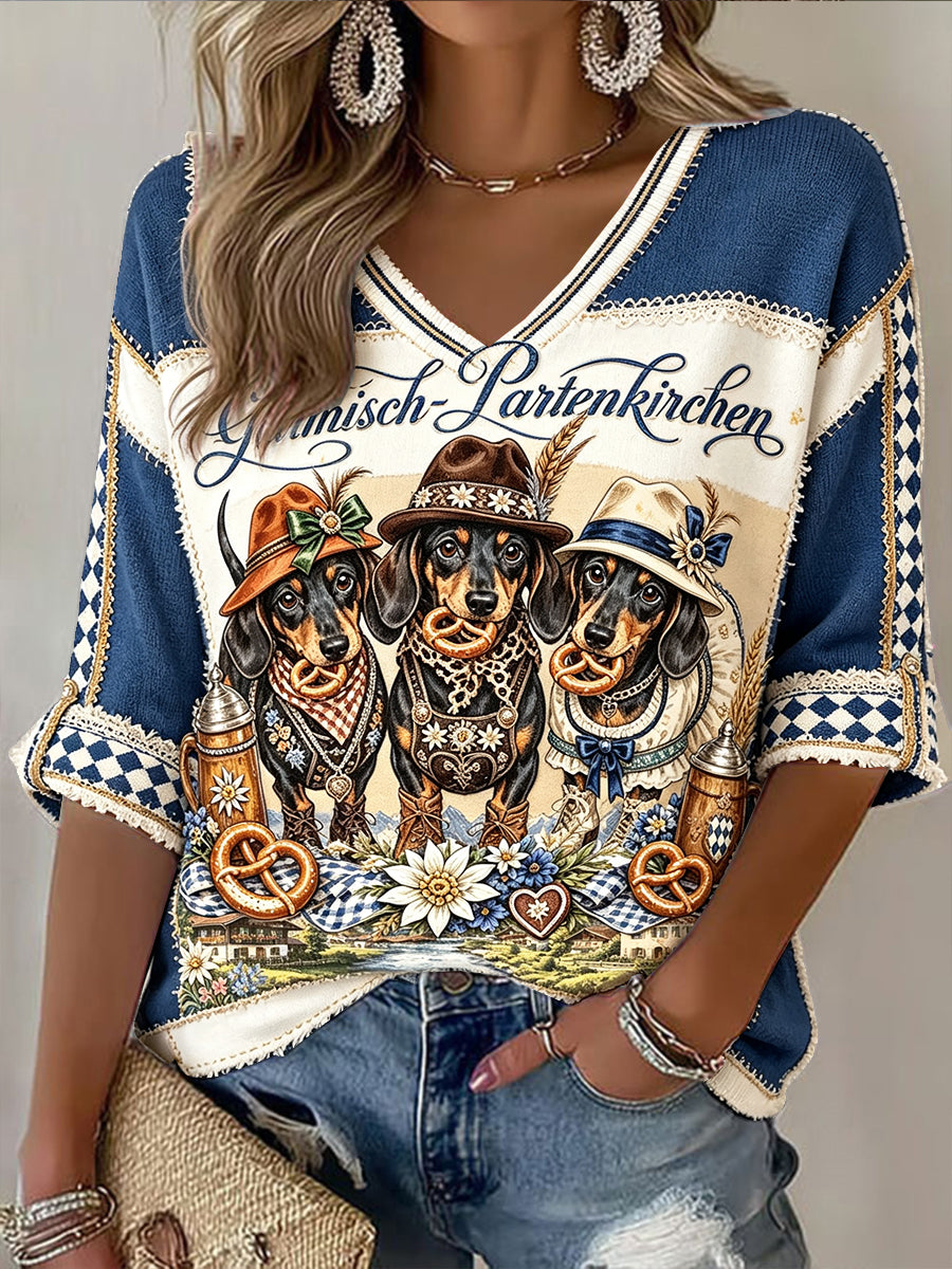 Damen-Oktoberfest-T-Shirt im bayerischen Stil mit Hunde-Patchwork-Print und V-Ausschnitt, lässig geschnitten