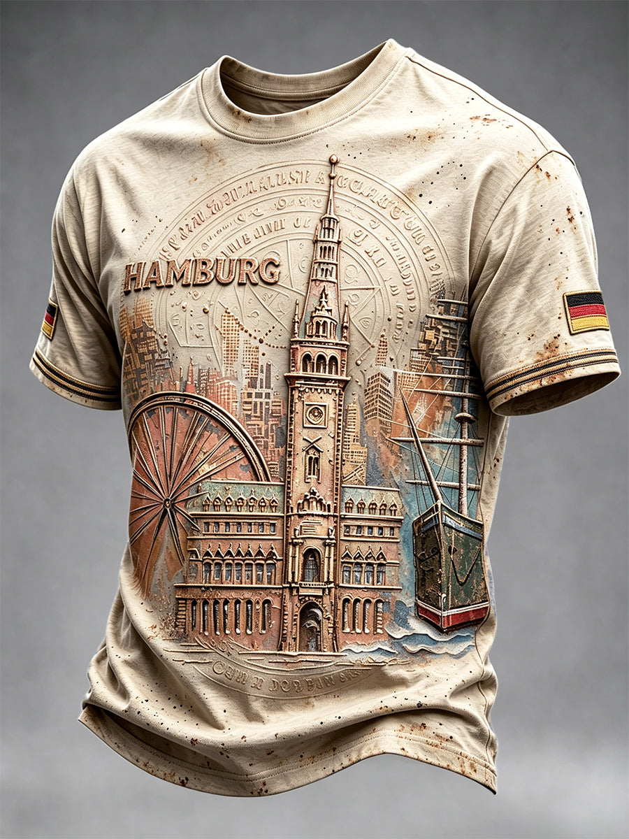 Herren-Vintage-Taupe-T-Shirt mit deutschem Hamburger Architekturdruck, lässig geschnitten