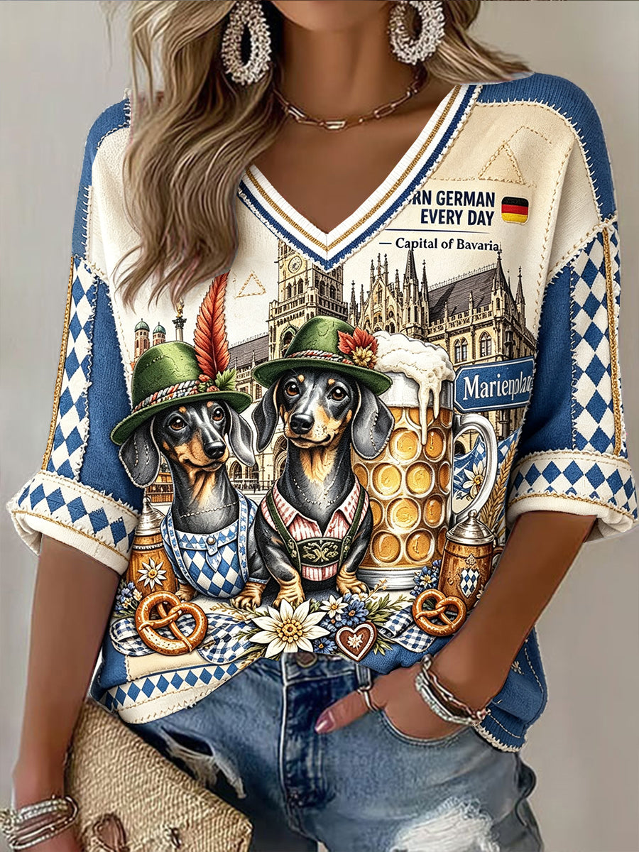 Frauen-T-Shirt im deutschen Oktoberfest-Stil mit niedlichem Hunde-Patchwork-Print und lässigem V-Ausschnitt