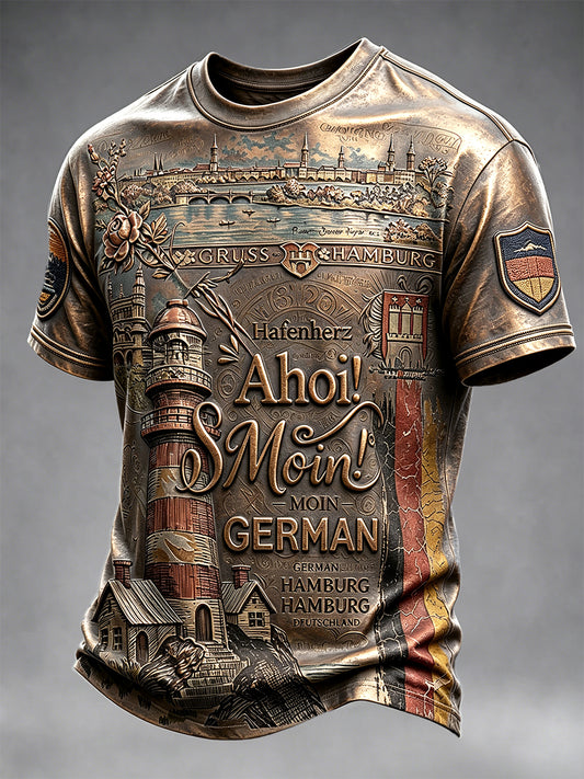 Herren-Retro-T-Shirt in deutscher Hamburger Optik mit Metallstruktur, lässig geschnitten