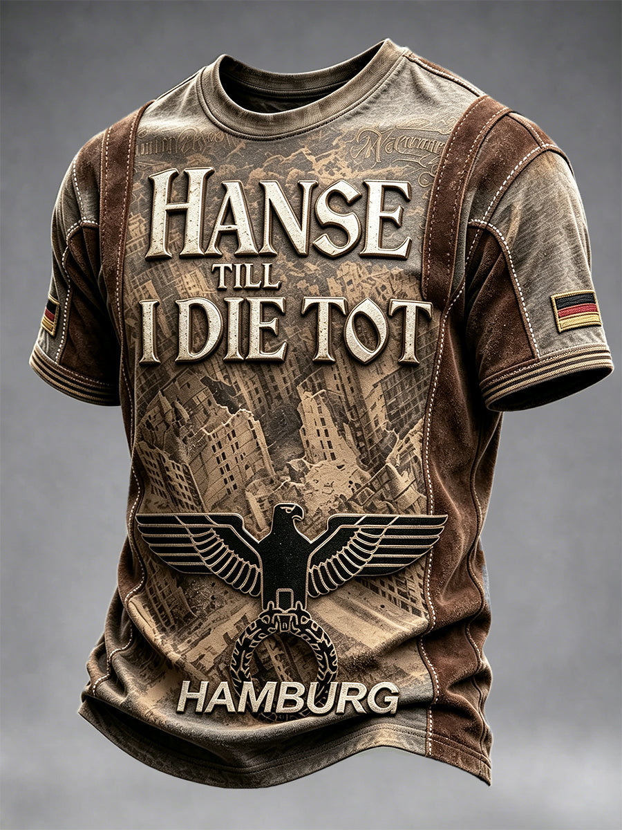 Herren-Retro-Casual-T-Shirt in Braun mit Hamburg-Patchwork-Print