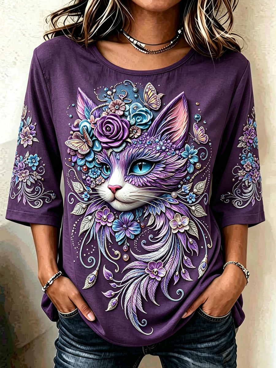 Frauen Tier Alzheimer-Krankheit Mittelarm bedrucktes lässiges T-Shirt