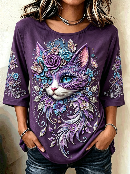 Frauen Tier Alzheimer-Krankheit Mittelarm bedrucktes lässiges T-Shirt
