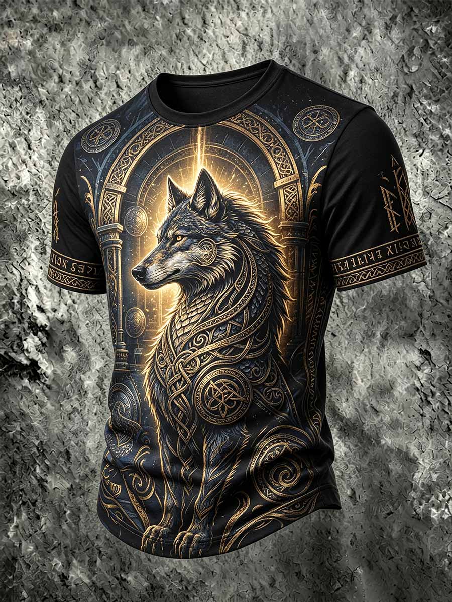 Herren-Retro-T-Shirt mit Wikinger-Wolf-Print