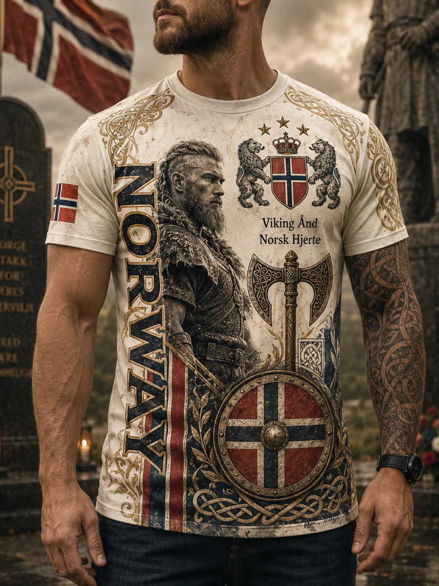 Herren-T-Shirt mit patriotischem Kunstdruck im norwegisch-vikingischen Stil zur Erinnerung