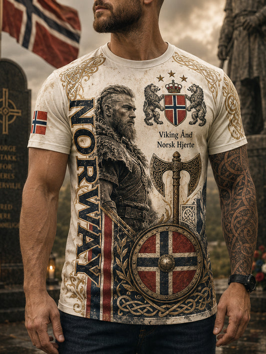 Herren-T-Shirt mit patriotischem Kunstdruck im norwegisch-vikingischen Stil zur Erinnerung