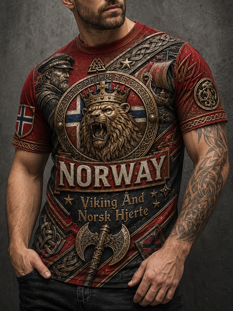 Herren norwegischer Wikinger-Themen-patriotischer Gedenk-Kunstdruck T-Shirt