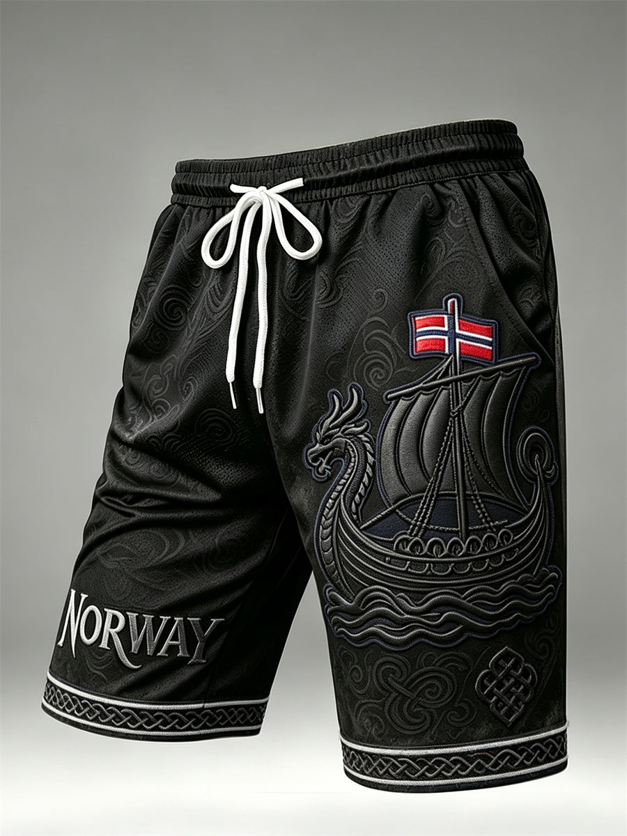 Herren-Shorts mit Norwegen-Vikingschiff, keltischem Knotenmuster und Flaggenprint, mit Kordelzug