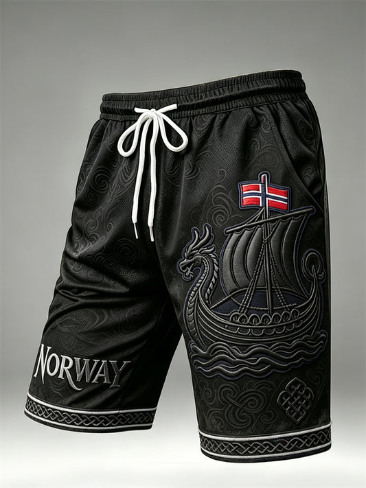 Herren-Shorts mit Norwegen-Vikingschiff, keltischem Knotenmuster und Flaggenprint, mit Kordelzug