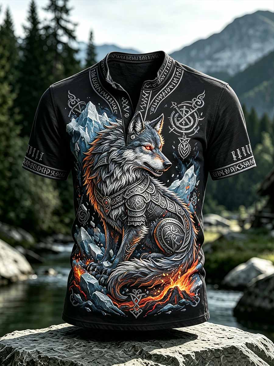 Herren-Vintage-T-Shirt mit Wikinger-Wolf-Print