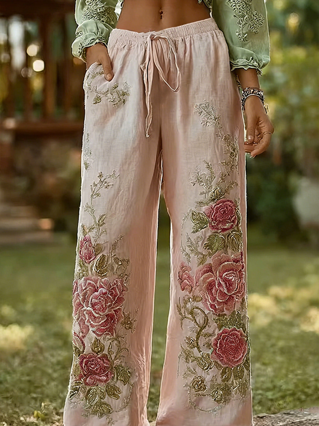 Damenhose mit blumigem Tintenmuster, lässig, lang