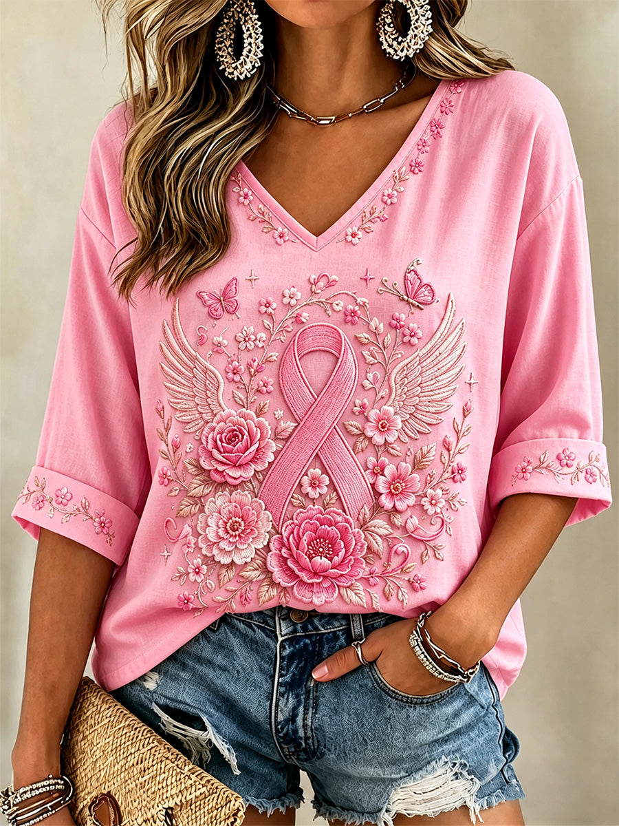 Damen-T-Shirt in Pink mit Blumenmuster, Unterstützung zur Brustkrebsaufklärung, halbe Ärmel und V-Ausschnitt