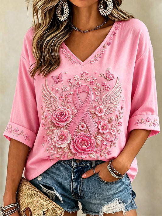 Damen-T-Shirt in Pink mit Blumenmuster, Unterstützung zur Brustkrebsaufklärung, halbe Ärmel und V-Ausschnitt