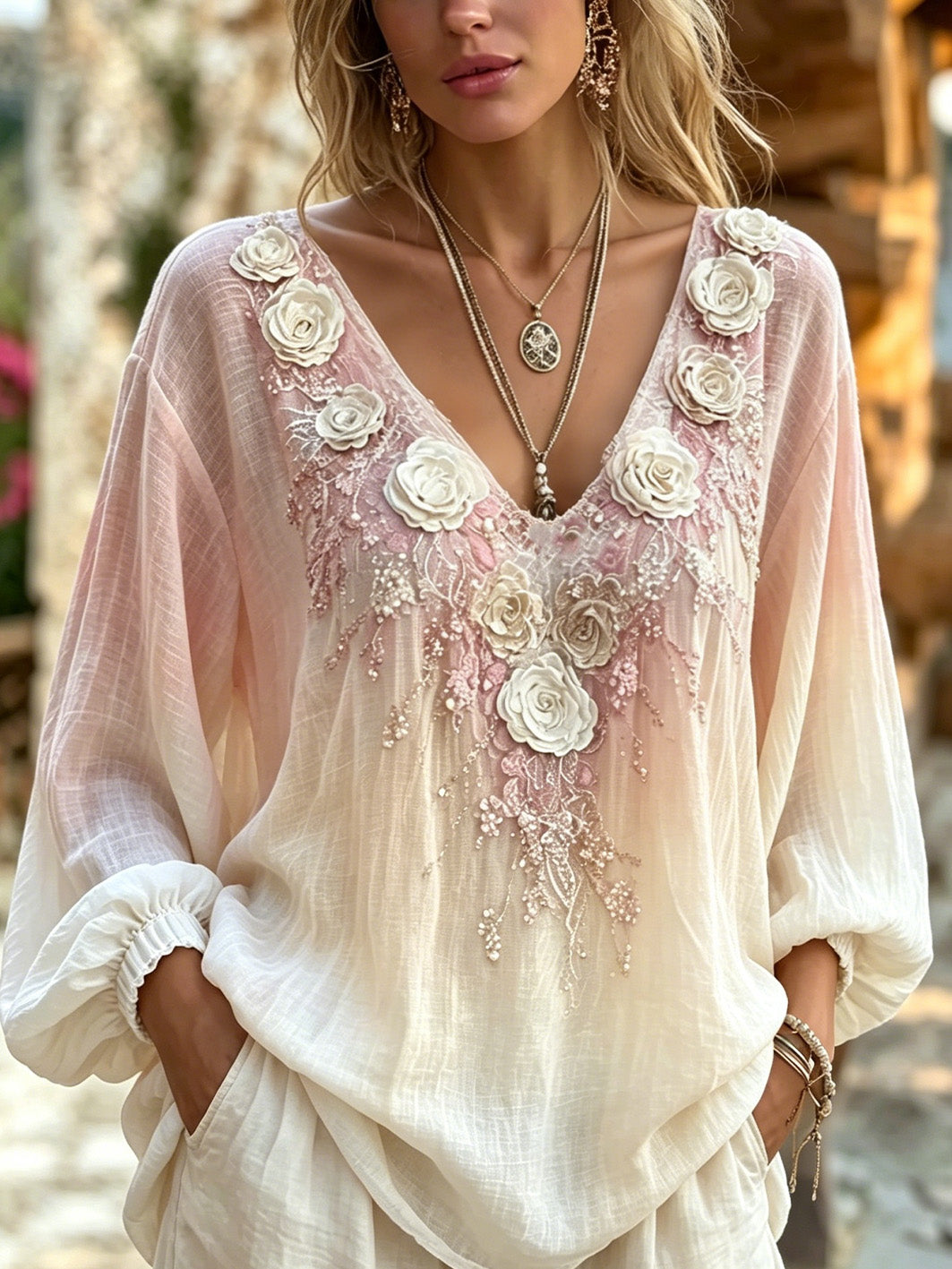 Damenhemd aus Baumwolle-Leinen im lässigen Stil mit pinkem Blumenmuster