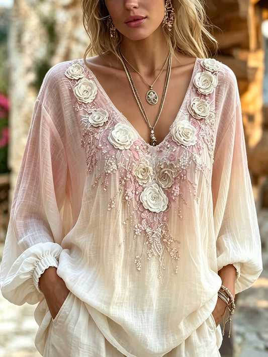 Damenhemd aus Baumwolle-Leinen im lässigen Stil mit pinkem Blumenmuster
