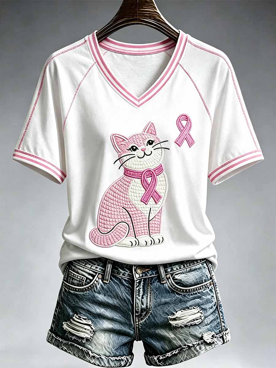 Frauen Katzen muster Brustkrebs Bewusstsein gedruckt T-Shirt